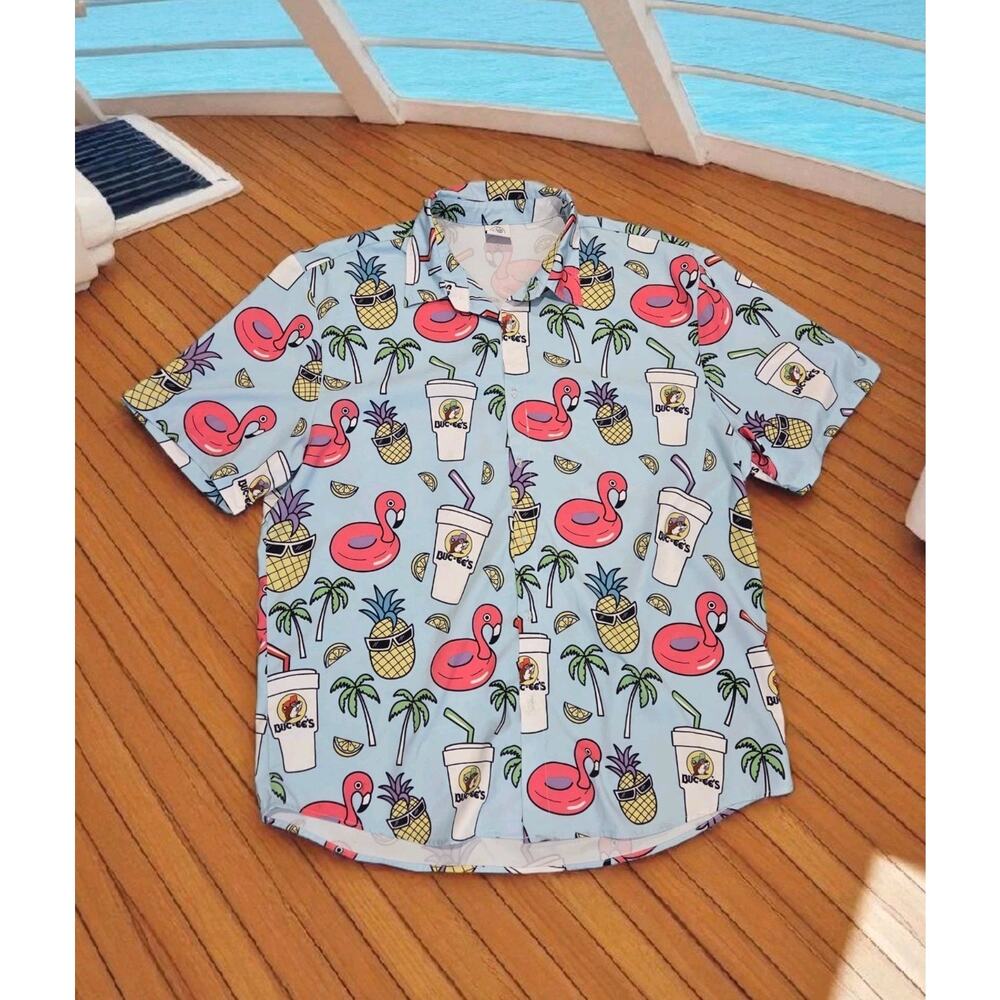 Bucees Hawaiian Shirt AOP Tropical Flamingos Light Blue Authentic Lightweight 2X